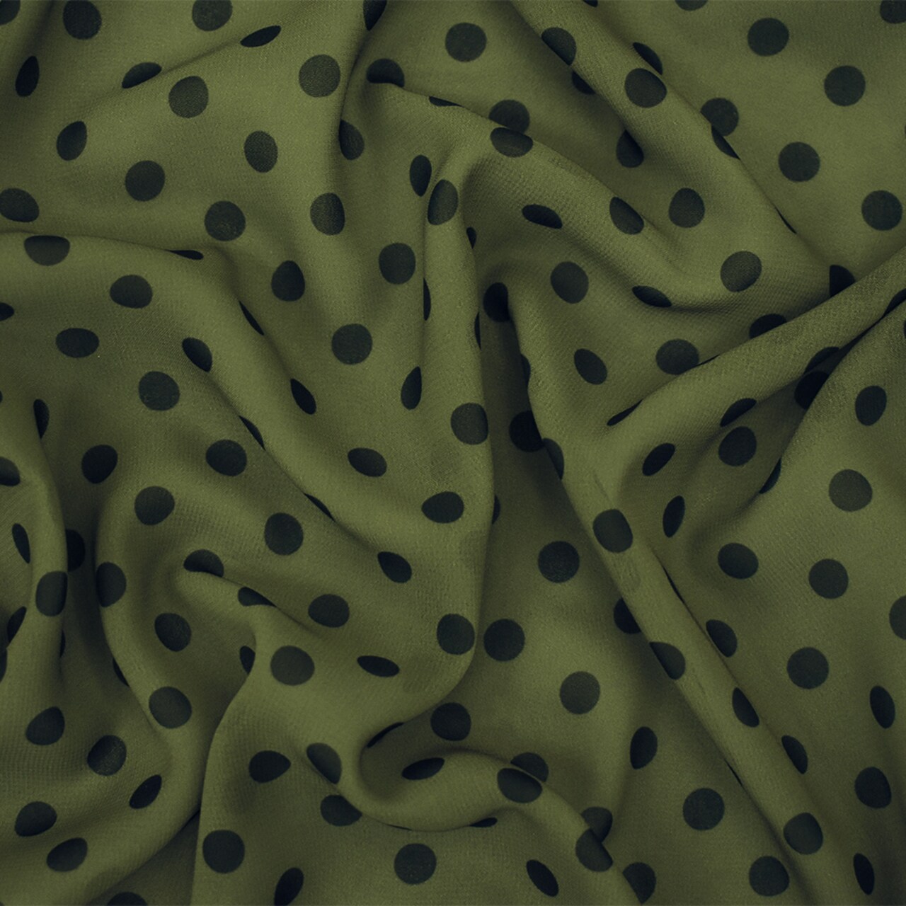 Green-Black Polka Dots Printed Poly Chiffon Woven Fabric By the Yard